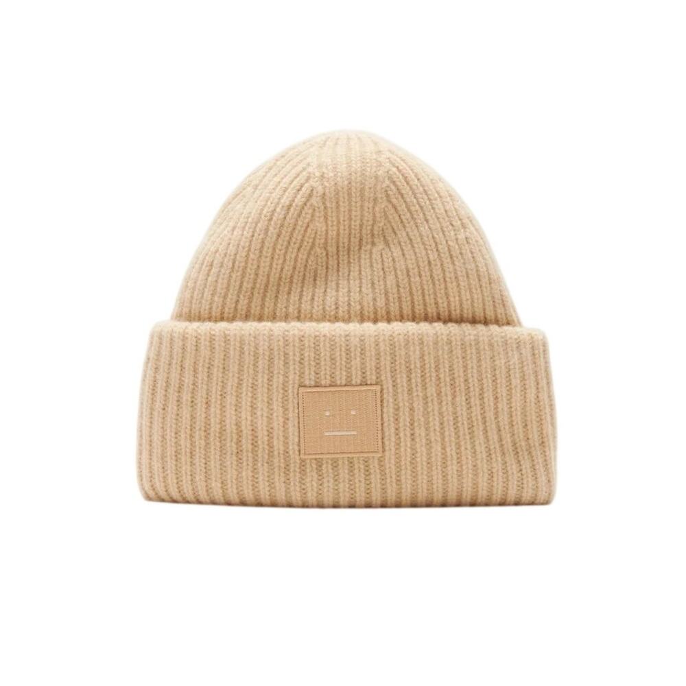 Acne Studios Ribbed Biscuit Beige Face Patch Beanie Hat